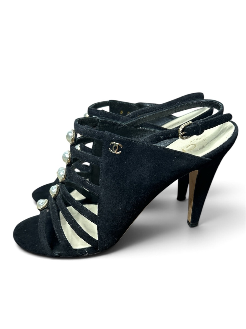 Chanel Black Suede Pearl Strappy Heels CC Logo Pumps 37.5 Sandals Classic